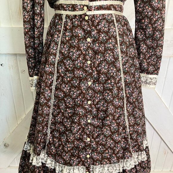 70's Vintage Brown White Calico Western Prairie Cowgirl Midi Skirt - Picture 3 of 4